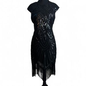 Y2K Era Style Black Beaded Sequin Fringe Flapper Dress